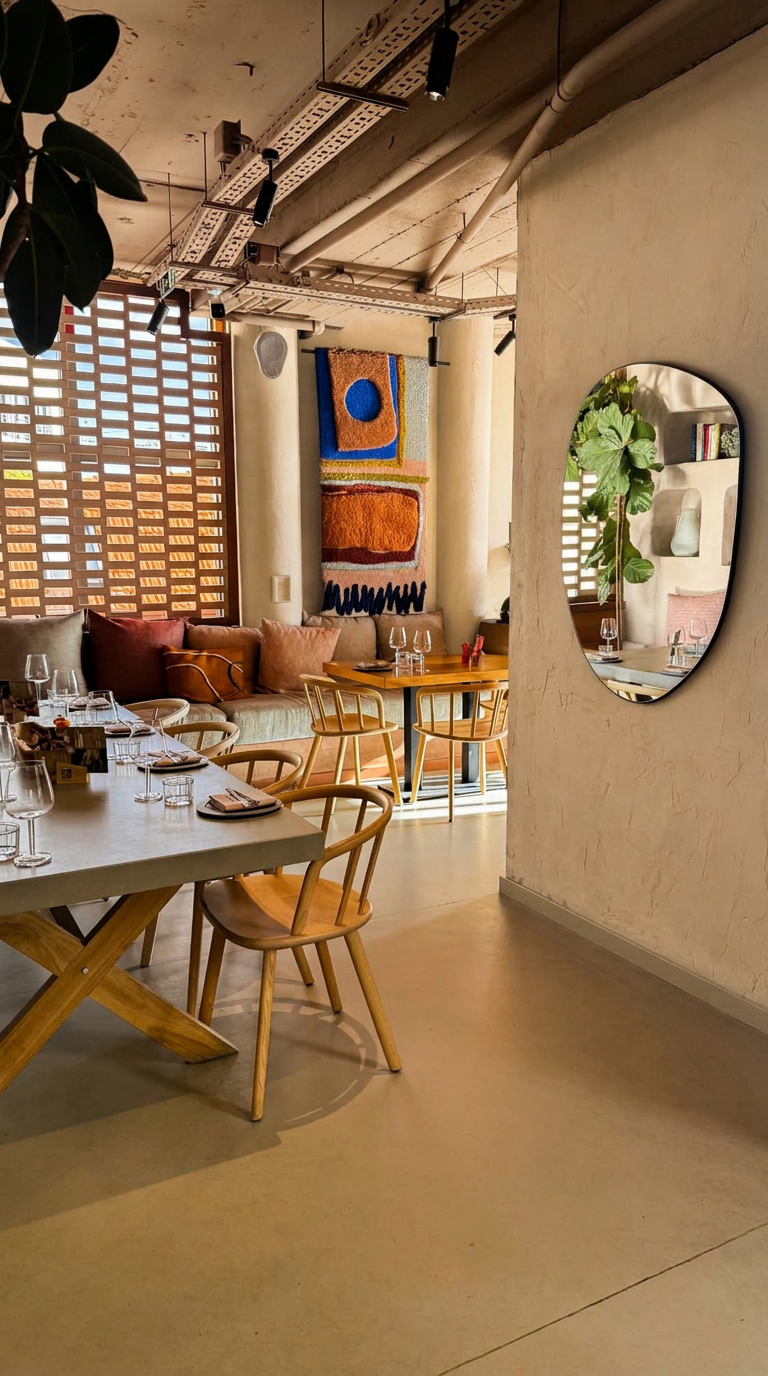 Restaurant interior with a sculptural mirror and textile artwork