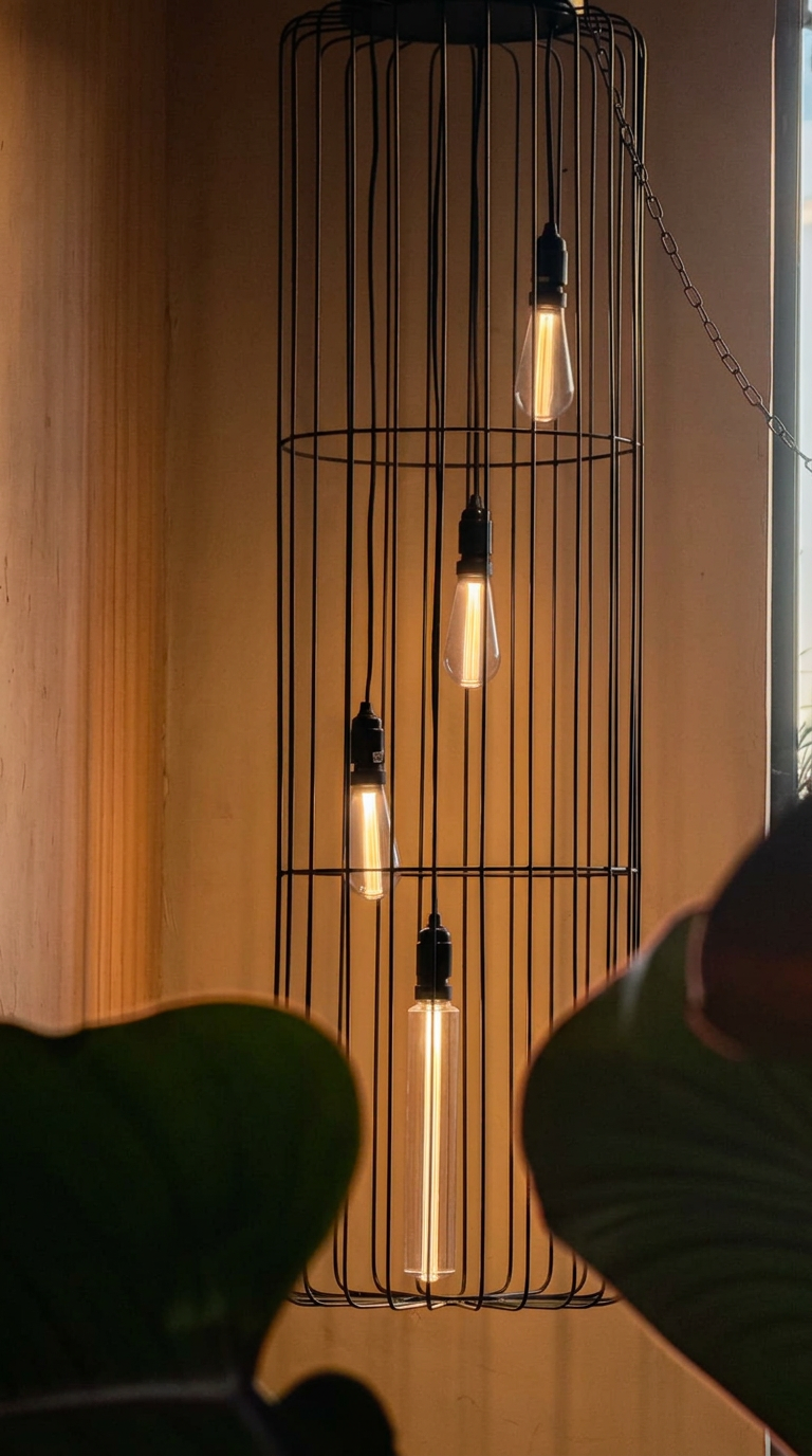 Pendant lights framed by foliage