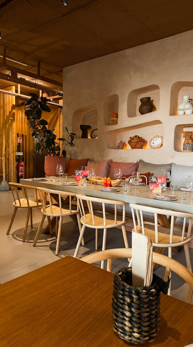 Long dining table and curated wall niches