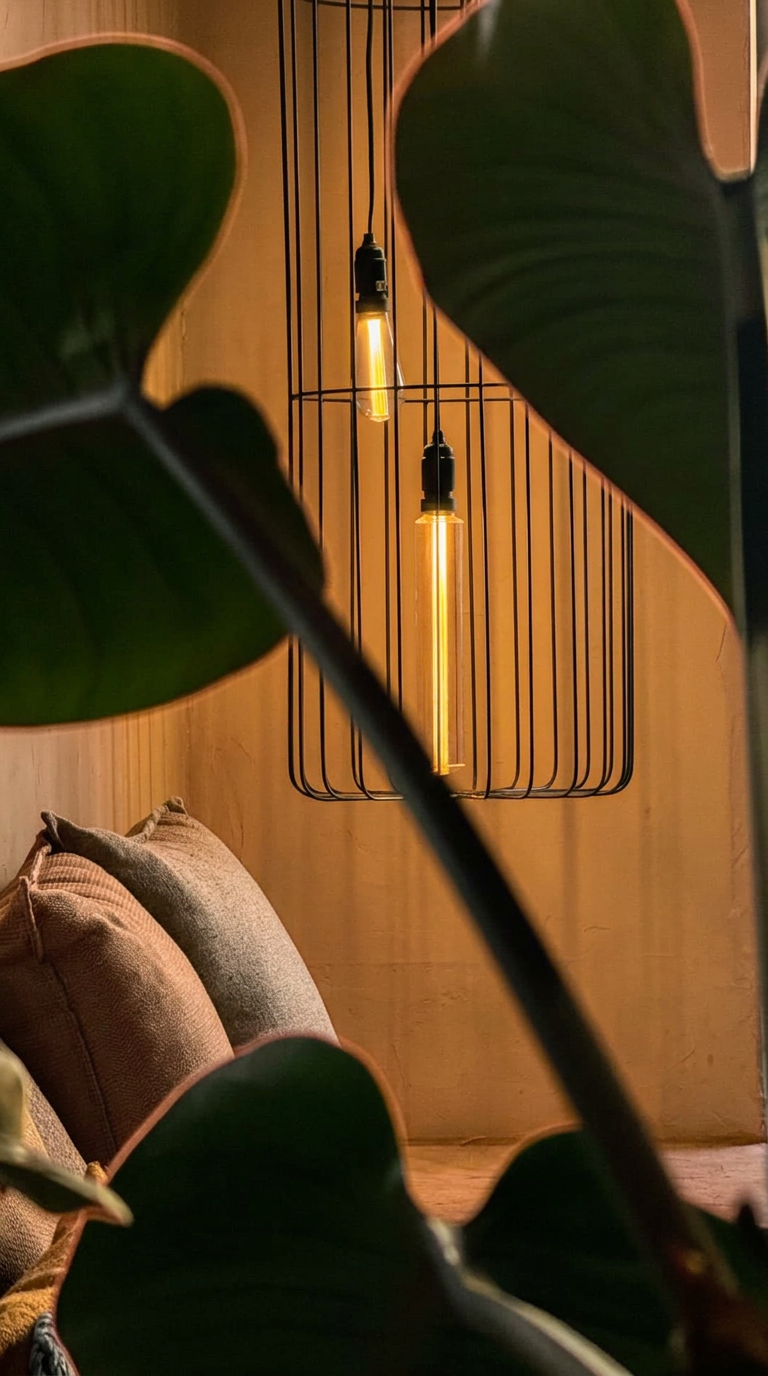 Pendant lights framed by foliage